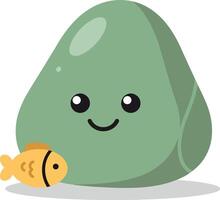 Cute green rock character with a smiling face and a small orange fish in a flat illustration vector
