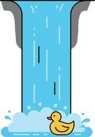 A cheerful yellow duck swimming beneath a cascading waterfall in flat art vector