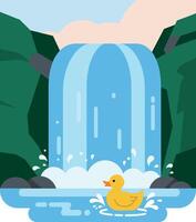 A cheerful yellow rubber duck swimming in a serene waterfall scene, flat art vector