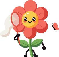 Cheerful flower character with a butterfly net capturing a butterfly in a playful flat illustration vector