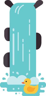 Colorful waterfall with playful rubber duck in a flat minimalist illustration