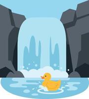 Cute yellow duck floating peacefully in serene waterfall setting, flat illustration vector