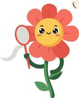 Happy flower character holding a butterfly net in a playful, colorful, flat illustration vector