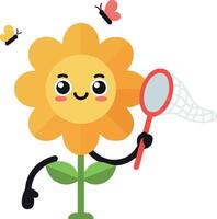 Happy flower character holding a net chasing butterflies in a playful flat illustration vector