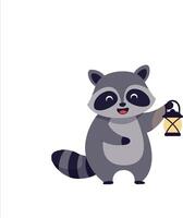 Happy raccoon holding a lantern in a playful manner, minimal flat illustration vector