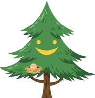 Cheerful green tree with a smile and a birds nest in a flat illustration vector