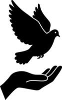 A graceful black dove soaring from an outstretched hand in minimal art vector