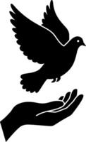 A black silhouette of a dove taking flight from an open hand in minimal art vector