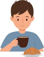 A young man enjoying a warm beverage with a flaky croissant in a minimal illustration vector