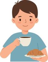 Young boy enjoying breakfast with coffee and croissant in minimal illustration vector