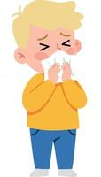A young boy in a yellow sweater sneezing with a distressed expression in flat art vector
