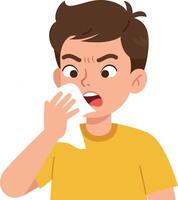 Young boy with a pained expression holding a tissue to his mouth in minimal art vector
