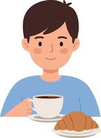 A young boy enjoying a warm cup of coffee with a croissant in a flat illustration vector