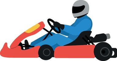 Go-kart racer in blue suit with helmet driving a red kart in flat art vector