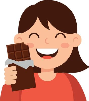 Happy girl enjoying chocolate, smiling widely, flat illustration