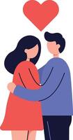 A couple embracing warmly in a casual setting with a heart symbol above them in flat art vector