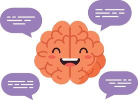 Happy brain character with speech bubbles in a flat and colorful illustration vector