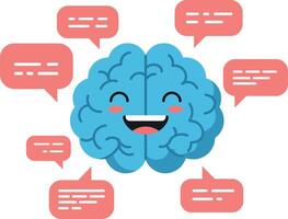 Happy cartoon brain character with speech bubbles in flat art style vector