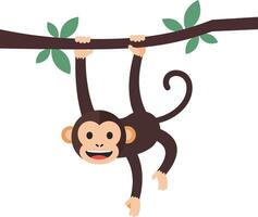 Cute monkey hanging upside down from a branch in flat art style vector