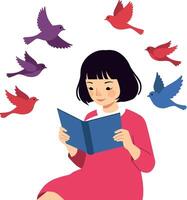 A girl reading a book surrounded by colorful birds in a flat illustration vector