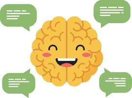 Happy cartoon brain character with smiling face and speech bubbles in flat art vector