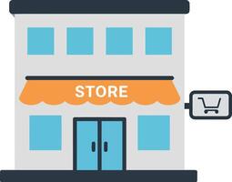 Simplistic storefront design with an awning, shopping cart sign, flat illustration vector