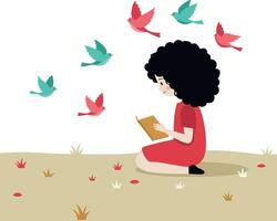 A girl reading a book in a serene outdoor setting with colorful birds in a minimal illustration vector