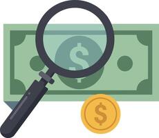 Magnifying glass examining a dollar bill and coin in flat art vector
