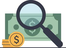 Magnifying glass examining a dollar bill and coins in flat art vector