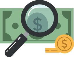 Magnifying glass examining currency notes and coins in a flat illustration vector