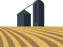 Grain silos standing tall in golden fields with striped patterns in minimal art vector