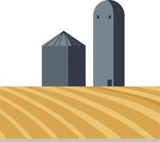Two silos standing in a golden field with curved lines in a flat design illustration vector