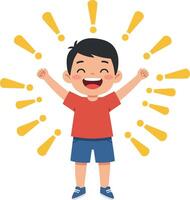 Happy boy celebrating with raised arms surrounded by joyful exclamation marks in flat art vector
