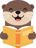 Happy cartoon otter reading a yellow book in a playful flat illustration vector