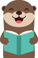 Happy otter reading a book in a flat, cheerful design style, illustration vector