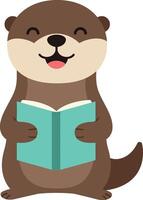 Cute otter joyfully reading a book in a flat, minimal illustration vector