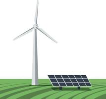 Wind turbine and solar panel standing tall in a green field, minimal art vector