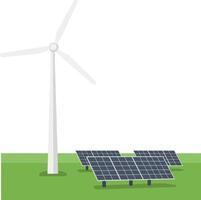 Wind turbine and solar panels in a green field showcasing minimal art vector