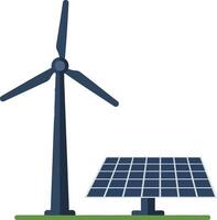 Wind turbine next to solar panel in flat art style representing renewable energy sources vector