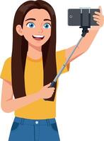 Young woman taking a selfie with a smartphone on a selfie stick, flat art vector