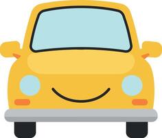 Cute yellow car with a smiling face in a minimal flat design art vector