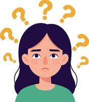 Young woman with a puzzled expression surrounded by question marks in flat illustration vector