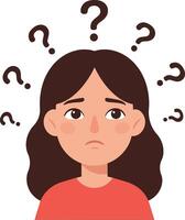 A thoughtful girl with a puzzled expression surrounded by question marks in flat art vector