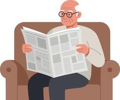 Elderly man reading a newspaper on a cozy couch in a minimal flat art vector