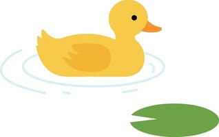 A cheerful yellow duck floating on a calm pond with lily pad in a flat illustration vector