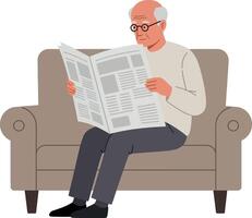 Elderly man reading a newspaper while sitting comfortably on a beige couch in flat art vector