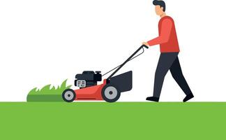 A man mowing grass with a lawnmower in a flat, minimal illustration vector