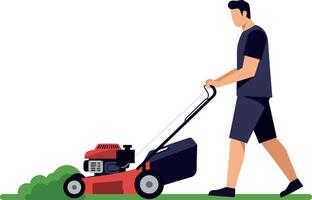 Man mowing a lawn with a red lawnmower in flat art style vector