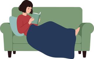 A woman relaxing on a green couch reading a book in flat art vector