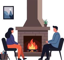 Two people seated in front of a cozy fireplace in a flat illustration vector
